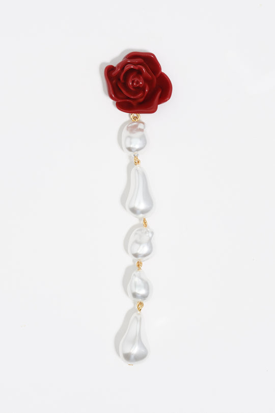 Red pearl and rose earrings