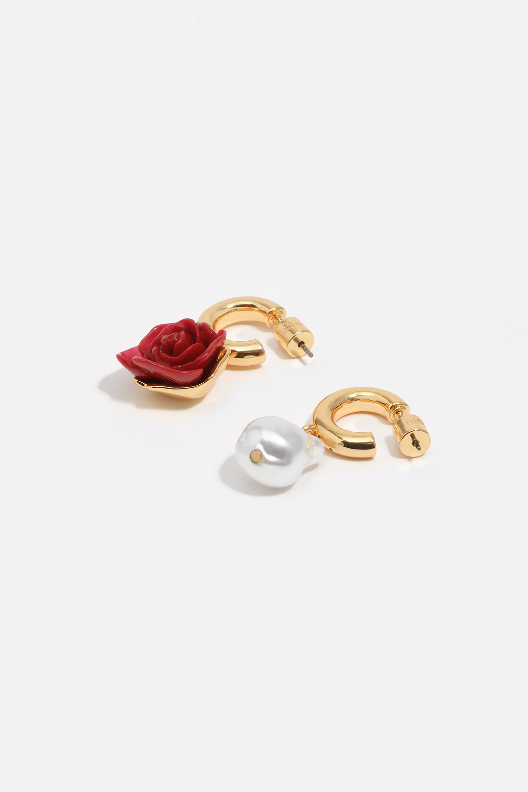 Red rose and pearl hoop earrings