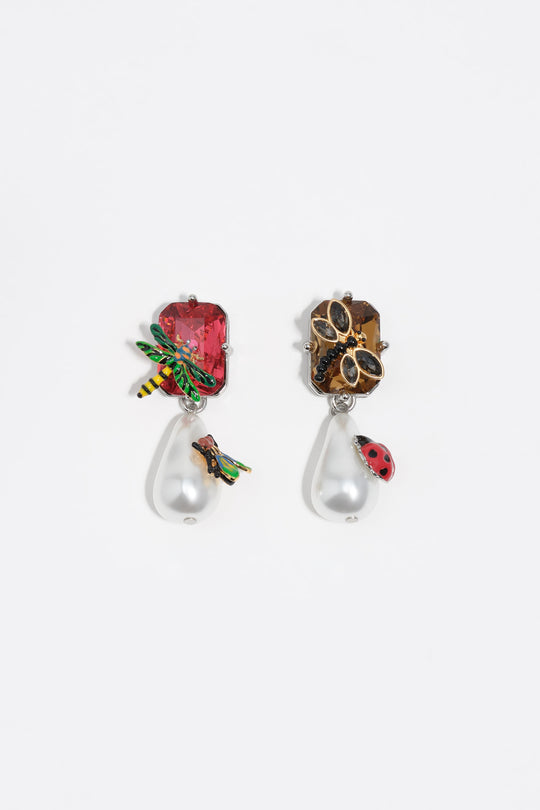 Silver dragonfly pearl and crystal earrings