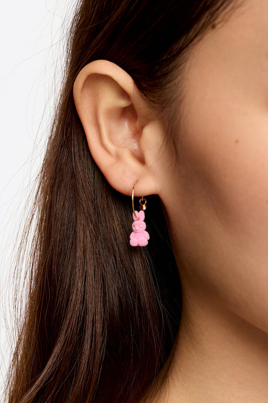 Small pink flocked rabbit hoop earrings