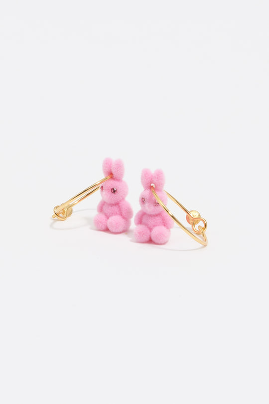 Small pink flocked rabbit hoop earrings