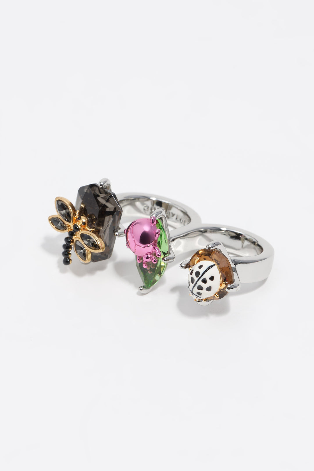 Silver dragonfly and beetle double ring