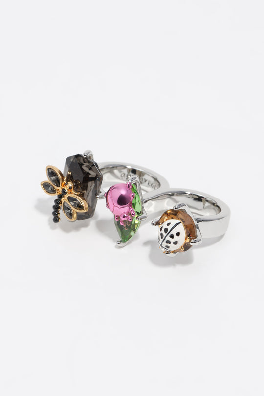 Silver dragonfly and beetle double ring