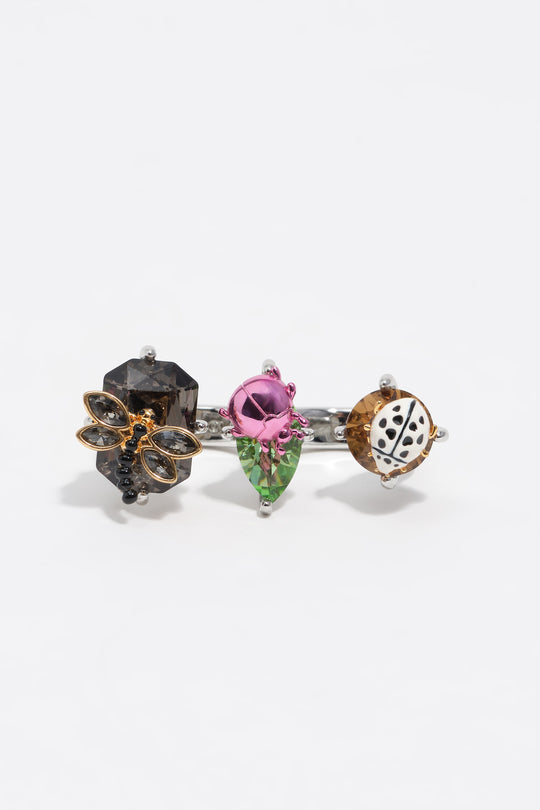 Silver dragonfly and beetle double ring