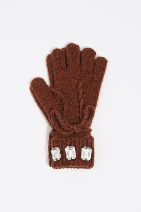 Brown knit crystals gloves