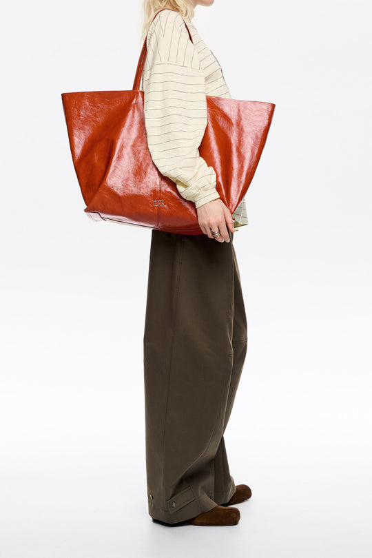 Burnt orange leather maxi shopper bag