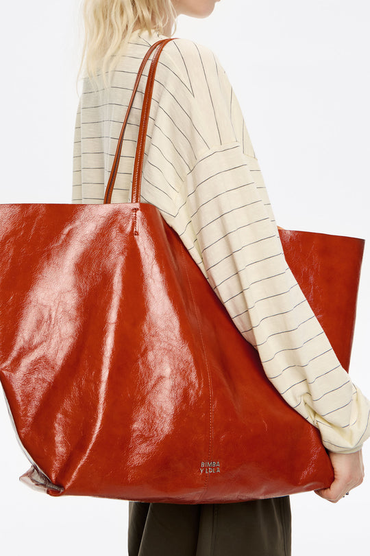Burnt orange leather maxi shopper bag