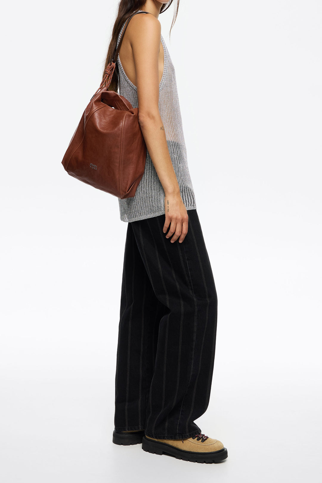 Medium dark tan leather Paper bag