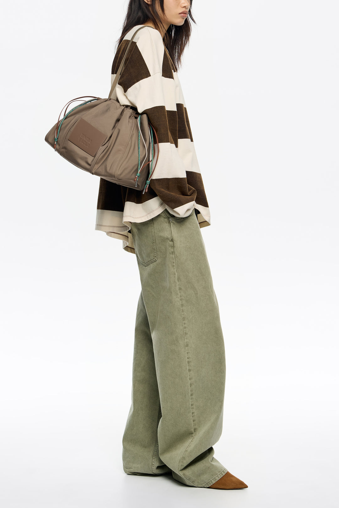 Large taupe nylon shoulder bag