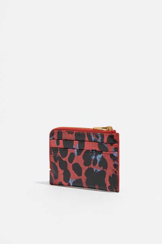 Poppy red shiny textured Leopard print coin purse
