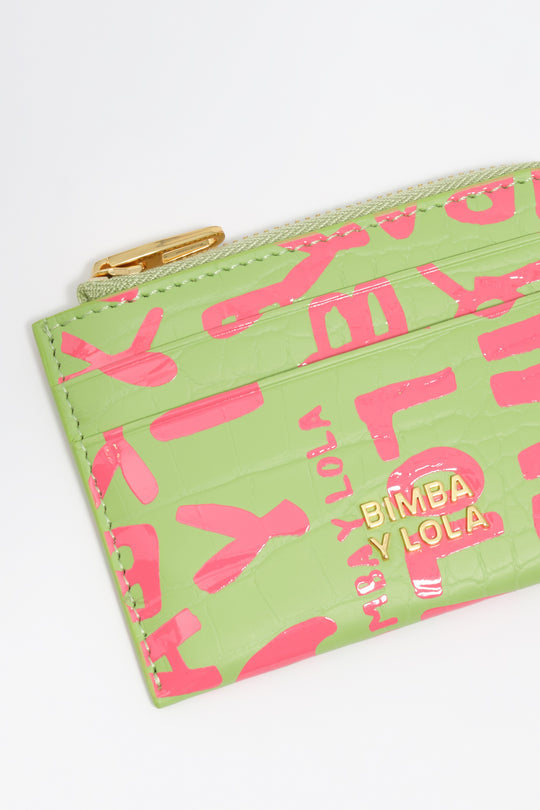 Pink lime print leather card holder/coin purse