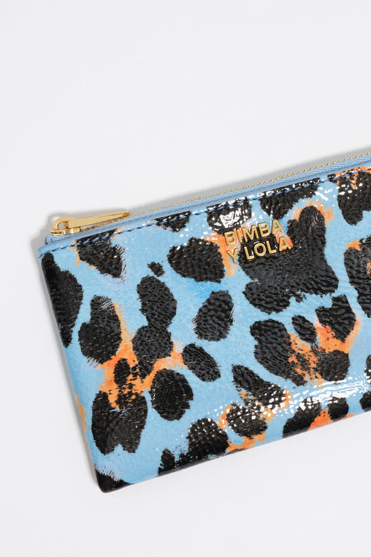 Pastel blue textured shiny Leopard print coin purse
