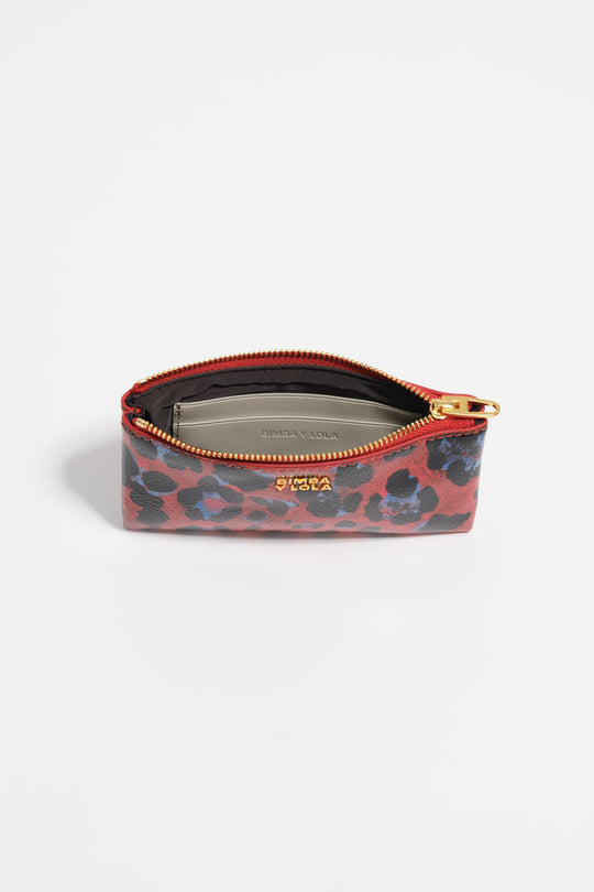 Poppy red shiny textured Leopard print coin purse