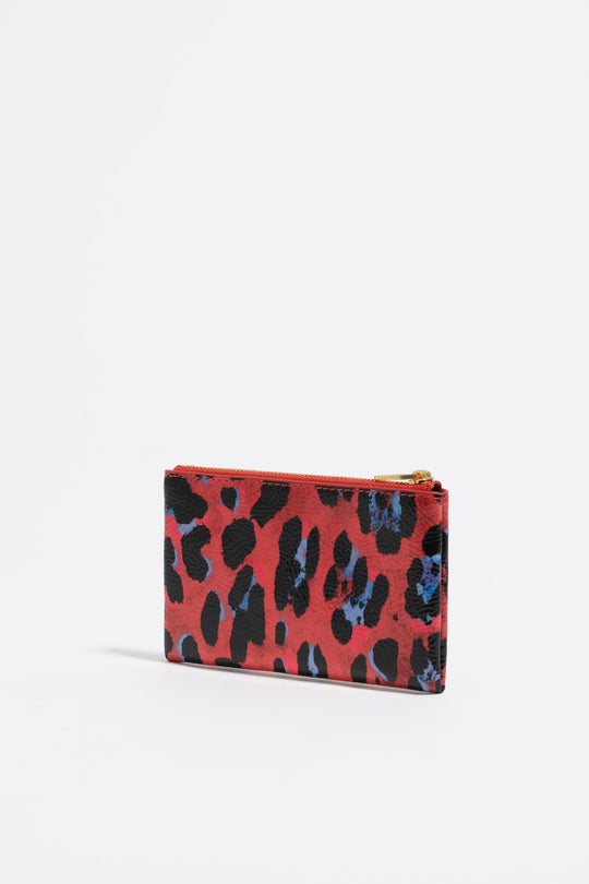 Poppy red shiny textured Leopard print coin purse