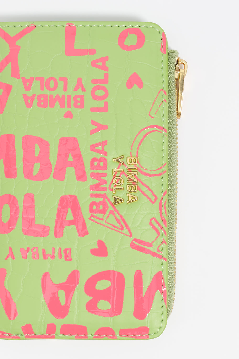 Compact pink lime print leather purse