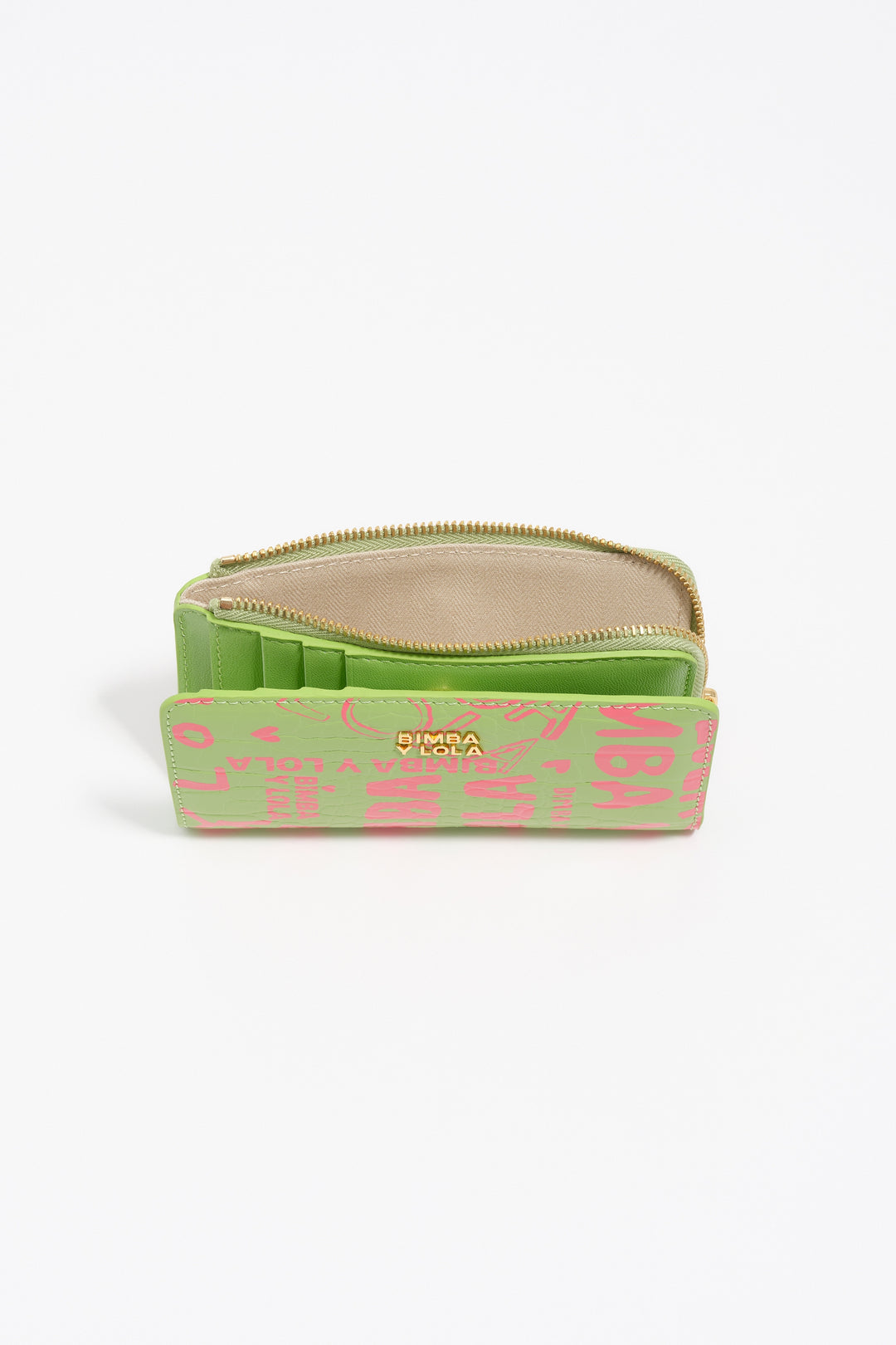 Compact pink lime print leather purse