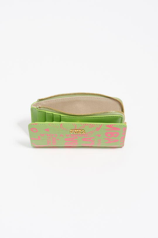 Compact pink lime print leather purse