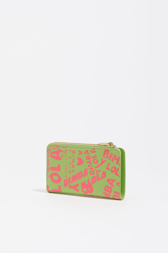 Compact pink lime print leather purse