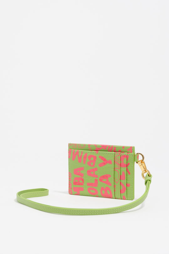 Pink lime print leather card holder