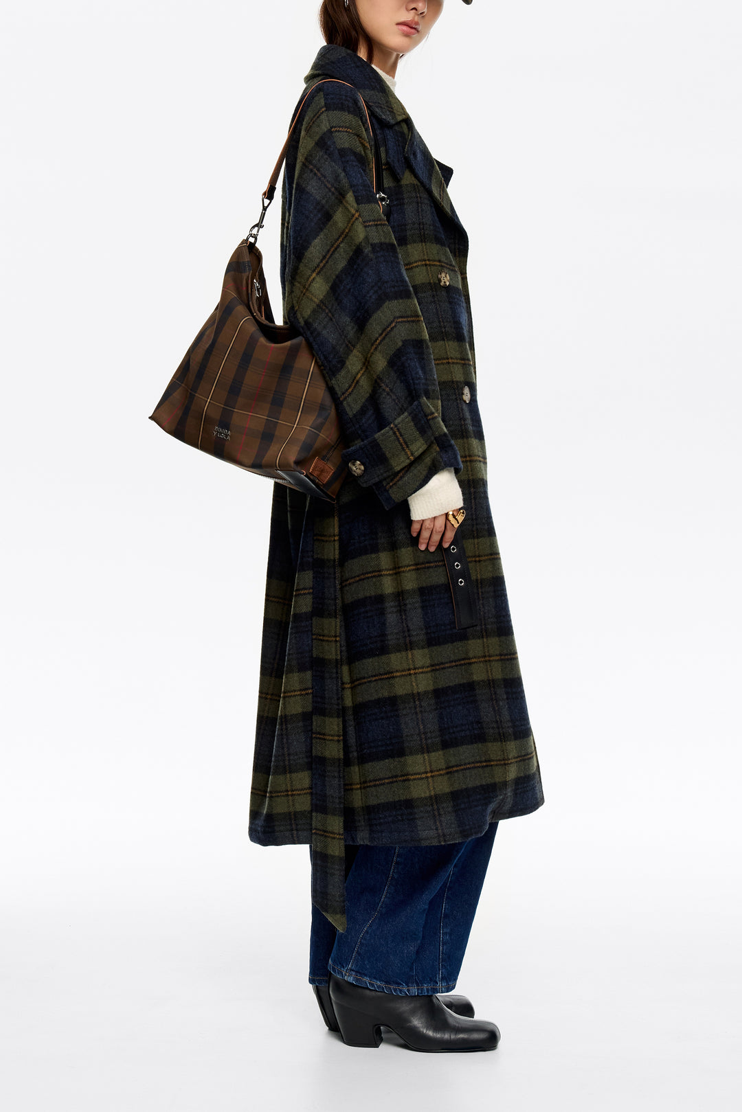 Large brown checked nylon Carlino bag