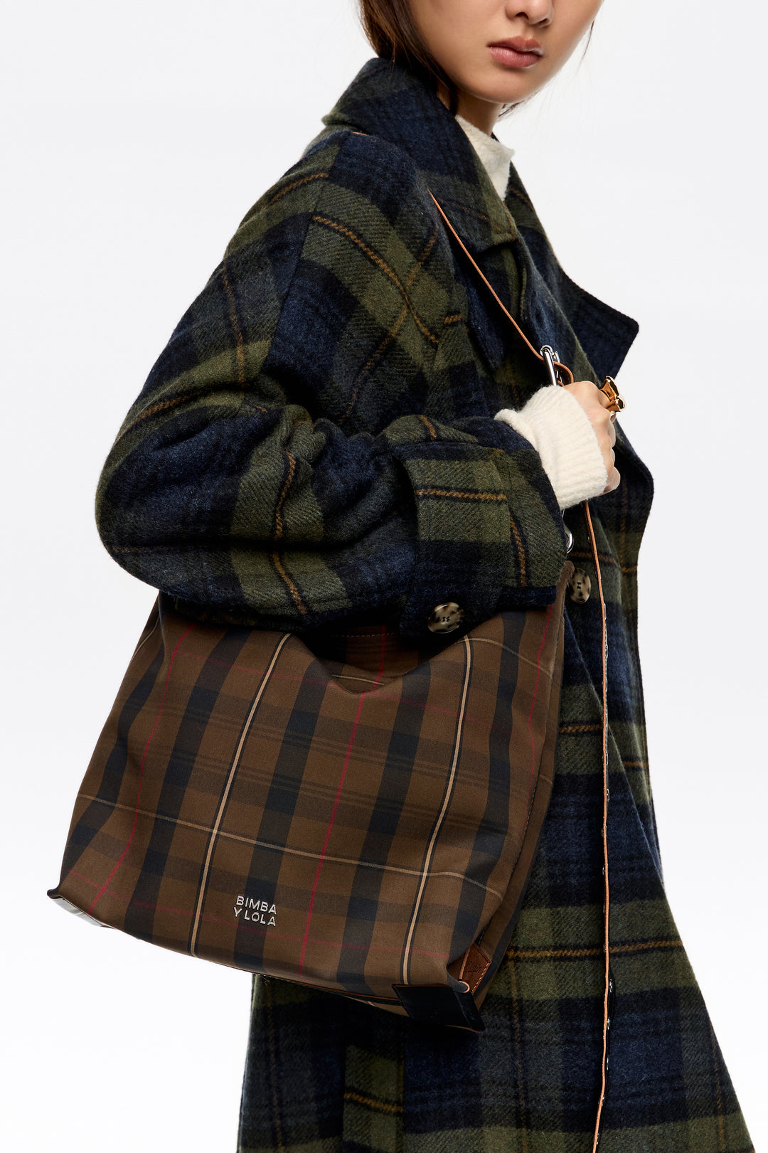 Large brown checked nylon Carlino bag