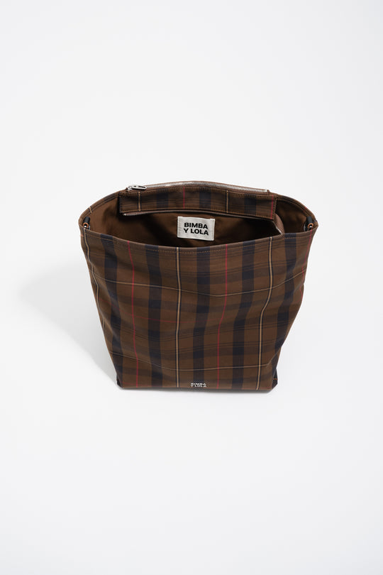 Large brown checked nylon Carlino bag