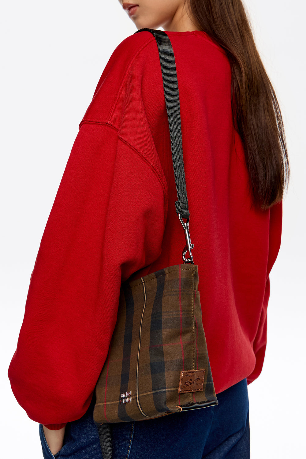 Mini brown checked nylon Carlino bag