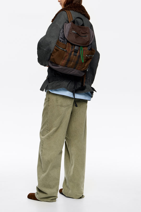 Dark brown checked nylon Pocket backpack