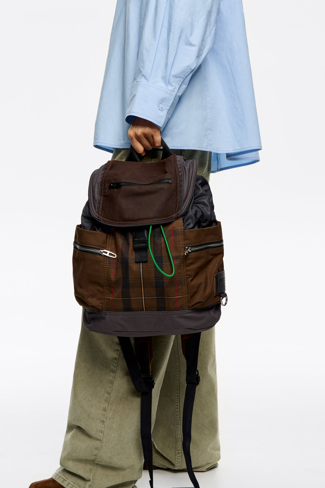 Dark brown checked nylon Pocket backpack
