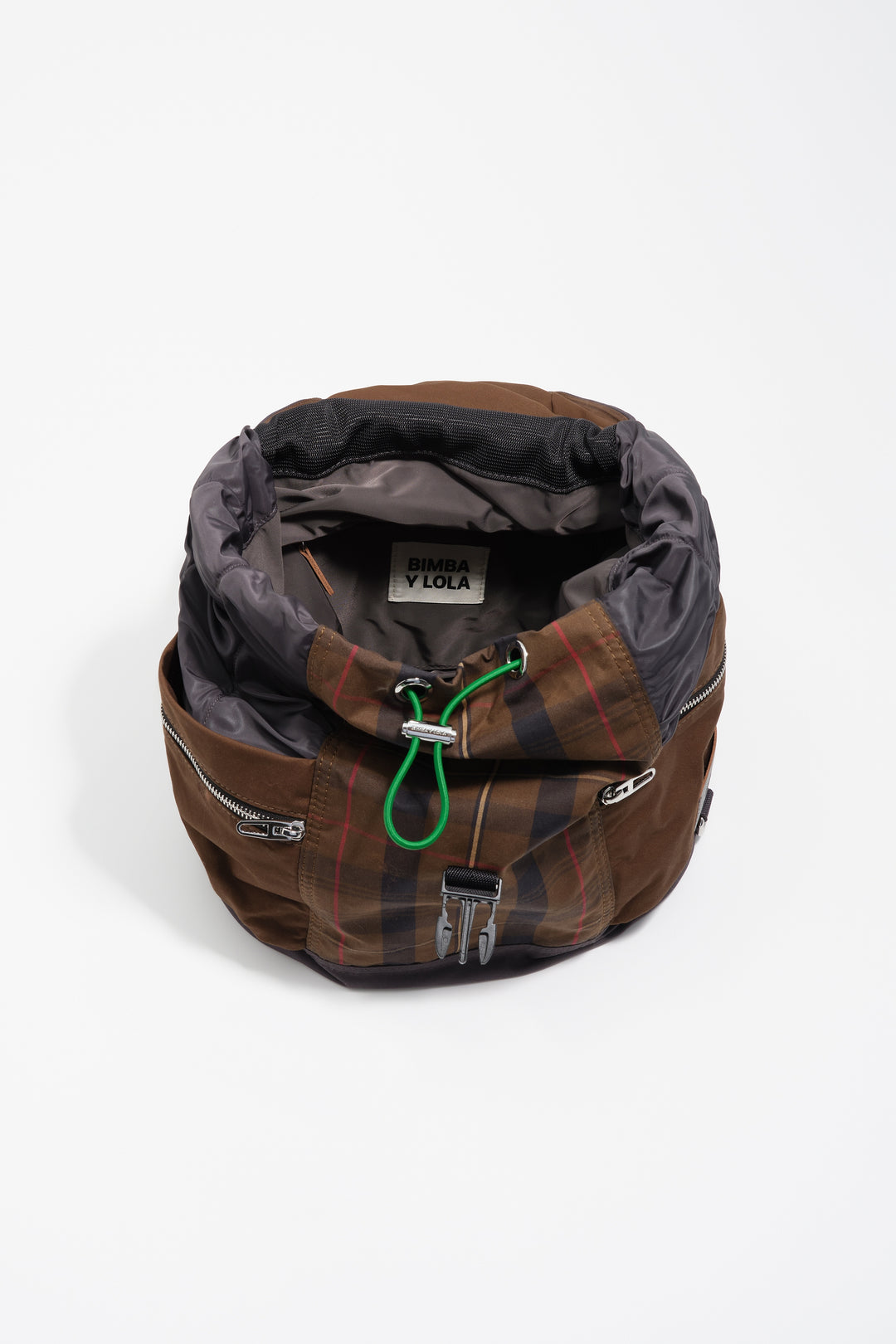 Dark brown checked nylon Pocket backpack
