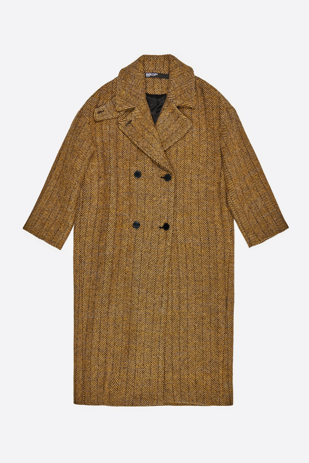 Long mustard herringbone tailored coat