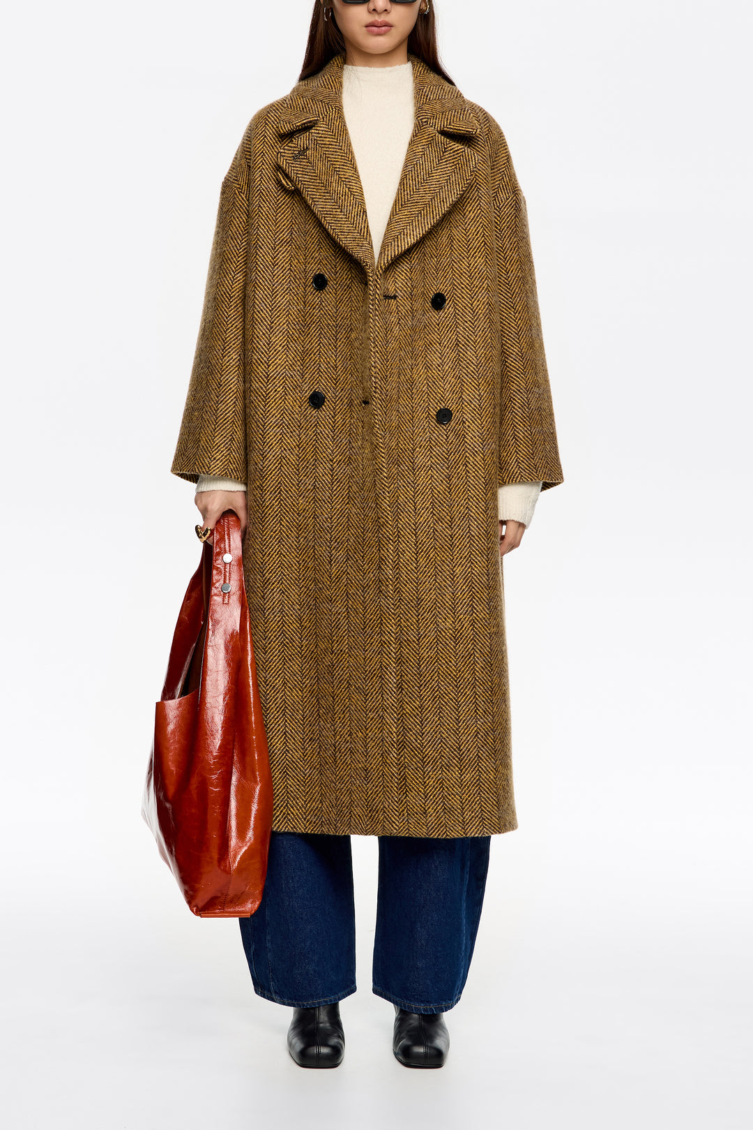 Long mustard herringbone tailored coat