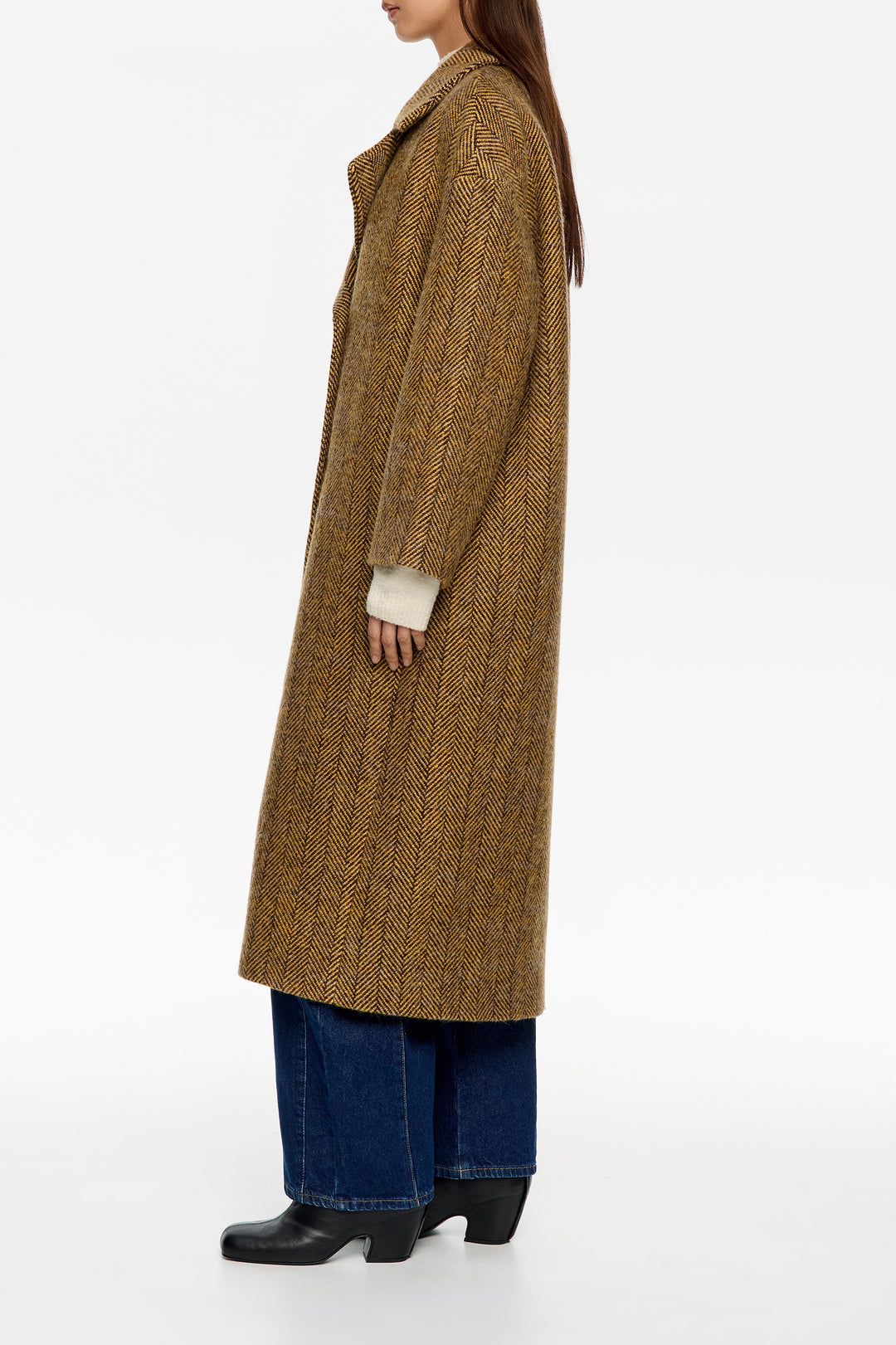 Long mustard herringbone tailored coat