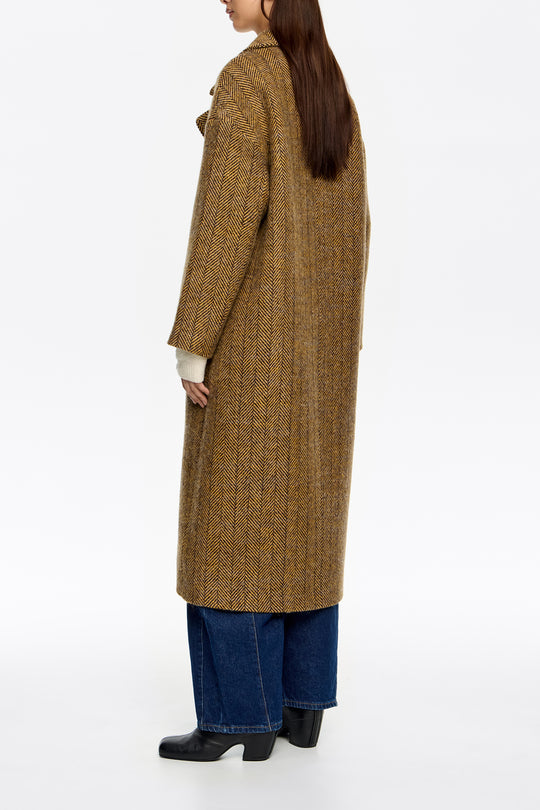 Long mustard herringbone tailored coat