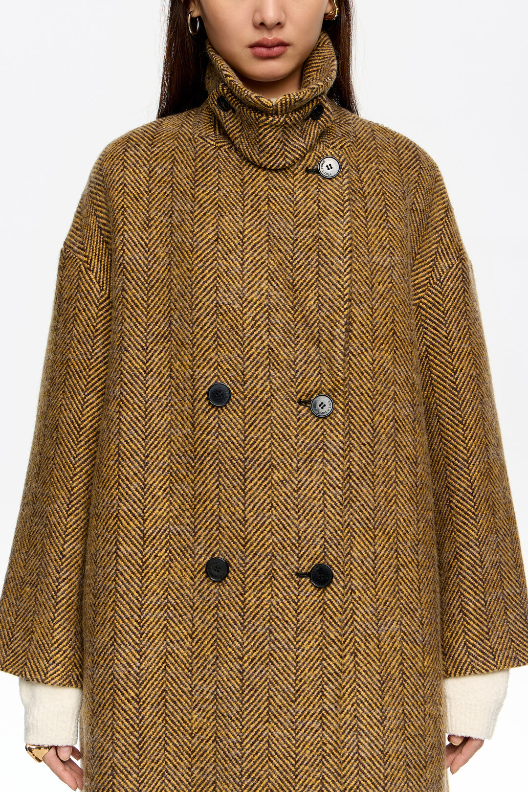 Long mustard herringbone tailored coat