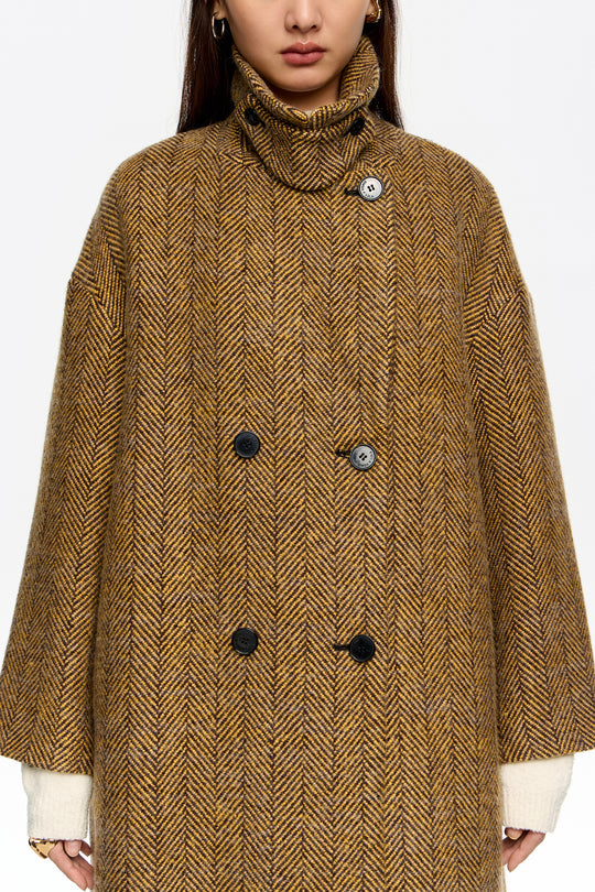 Long mustard herringbone tailored coat
