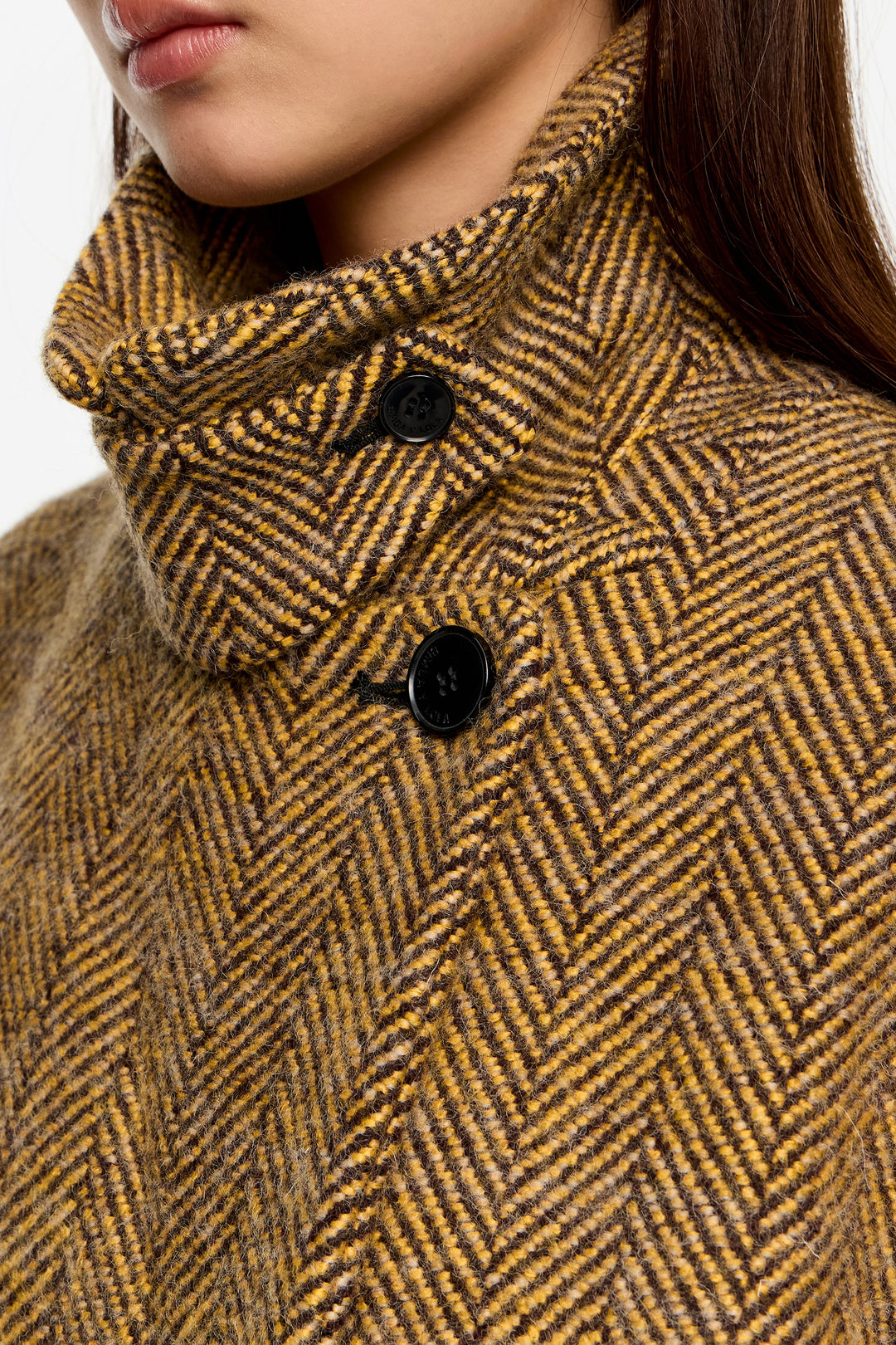 Long mustard herringbone tailored coat