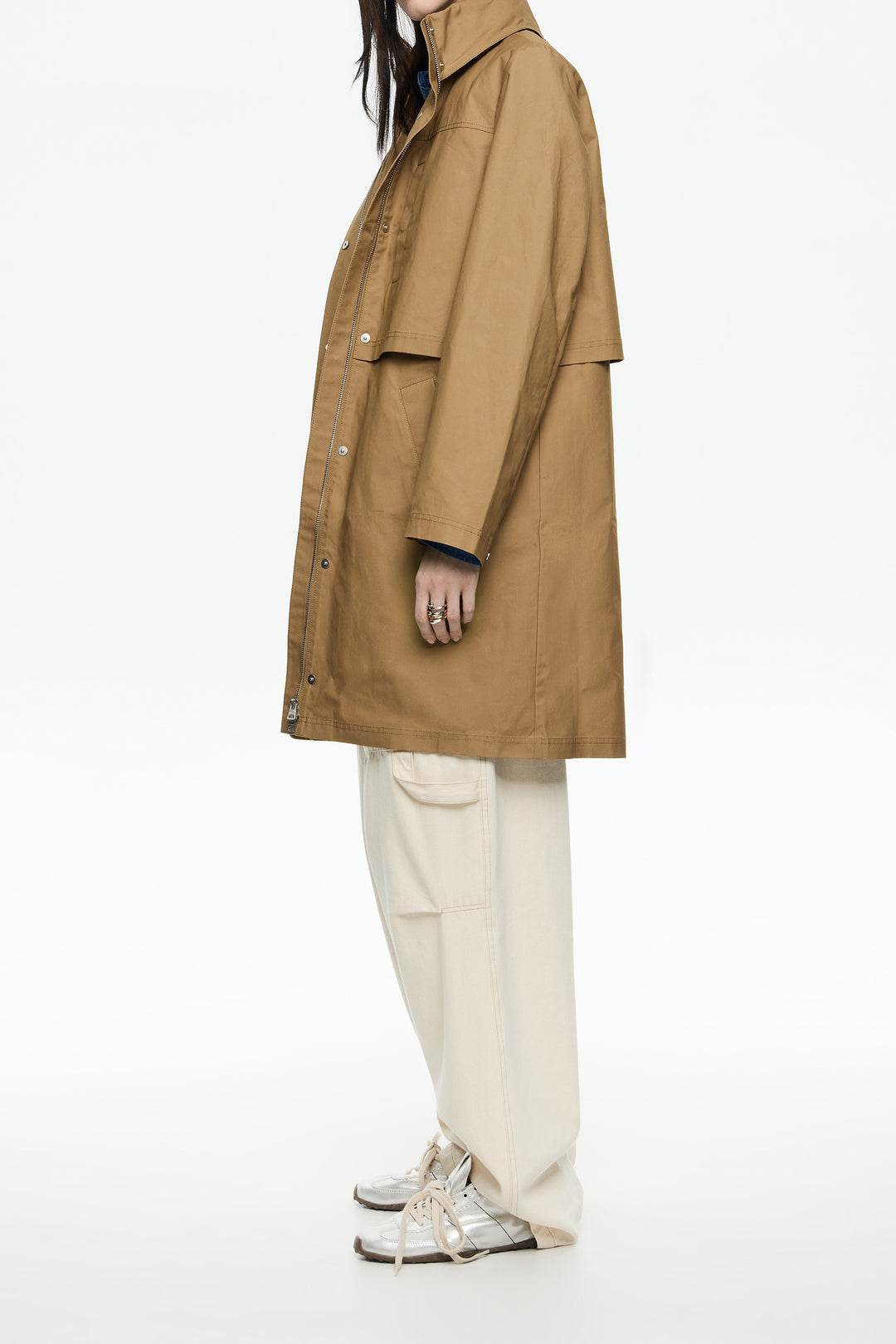Khaki technical cotton straight trench