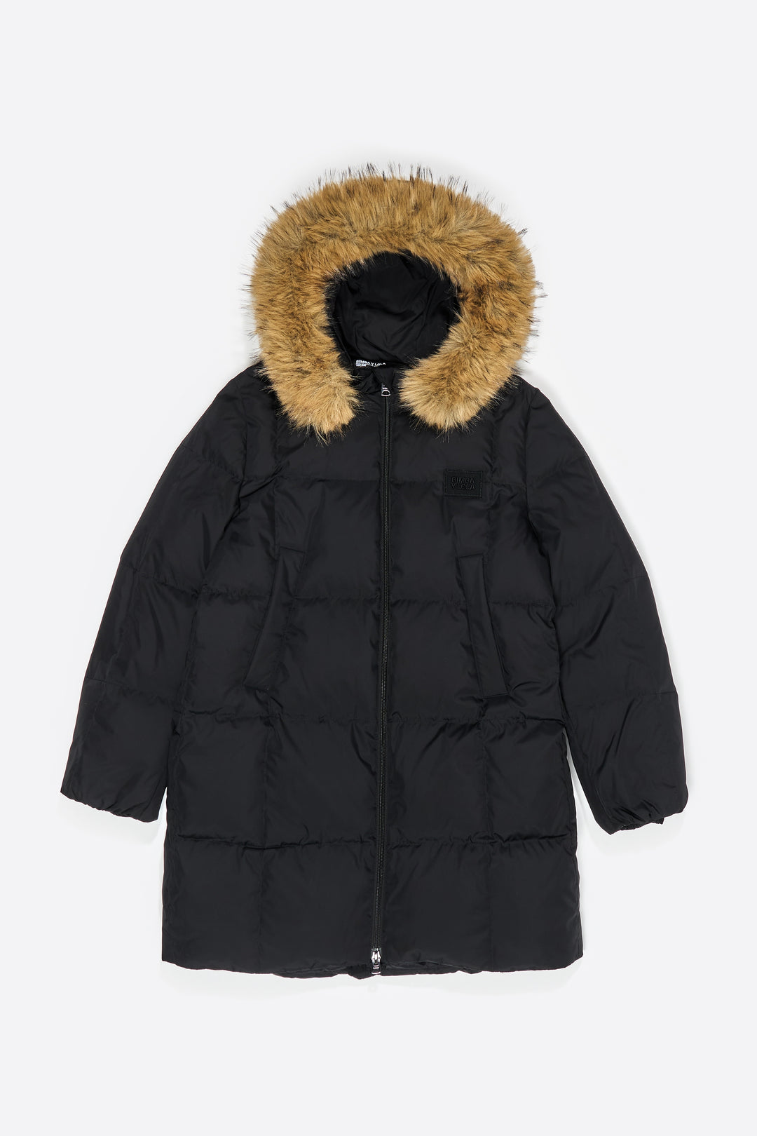 Straight black down jacket with fur hood