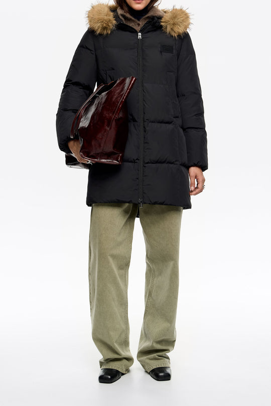 Straight black down jacket with fur hood