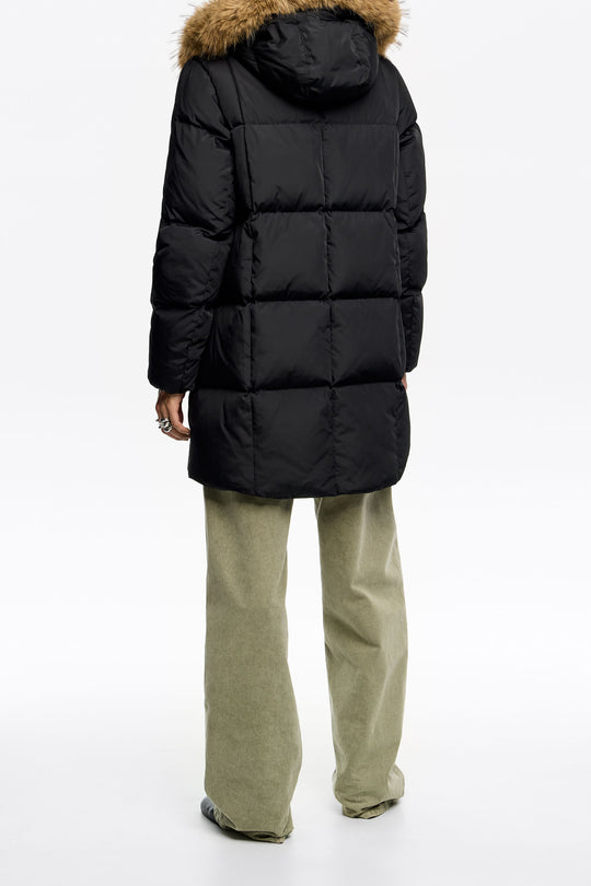 Straight black down jacket with fur hood