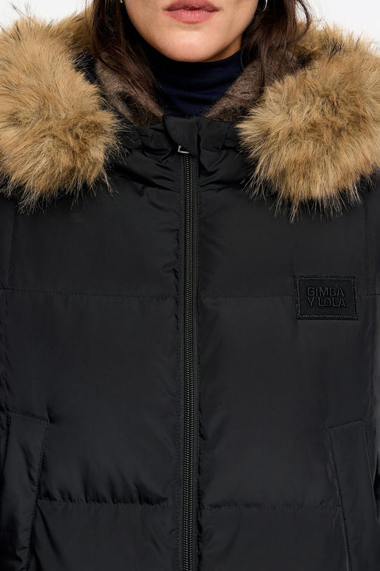 Straight black down jacket with fur hood