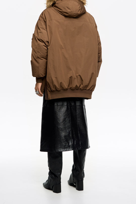 Olive hooded down bomber jacket