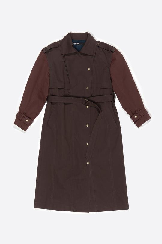 Two-tone burgundy maxi trench