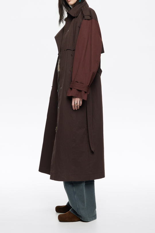 Two-tone burgundy maxi trench