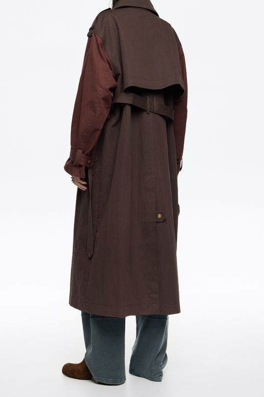 Two-tone burgundy maxi trench
