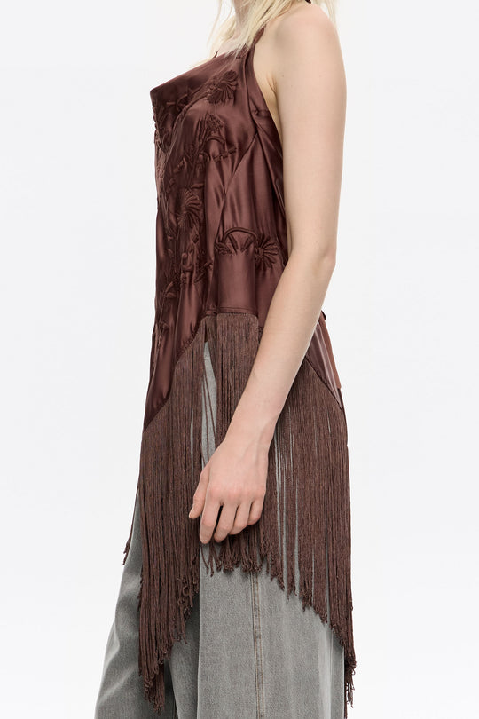 Brown embroidered fringed halter top