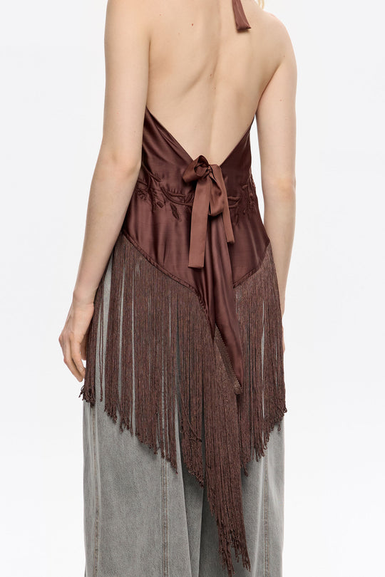 Brown embroidered fringed halter top