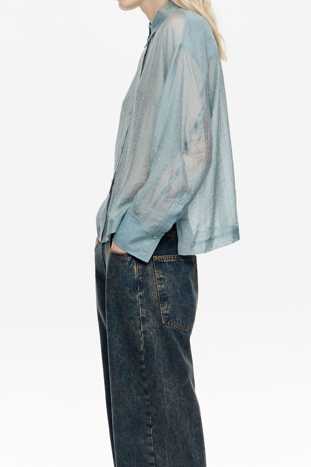Light blue mini rhinestones boxy shirt