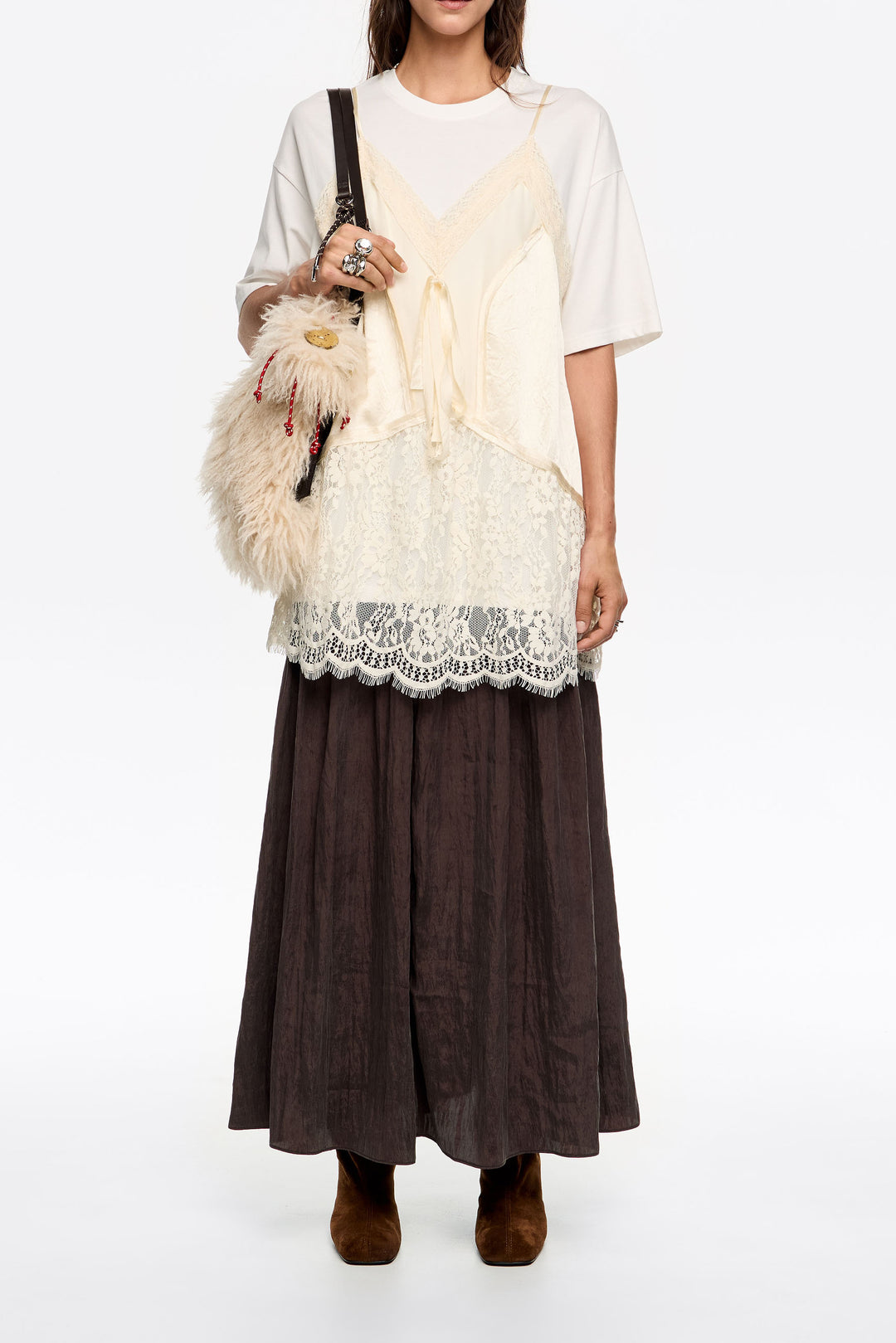 Brown pleated A-line midi skirt